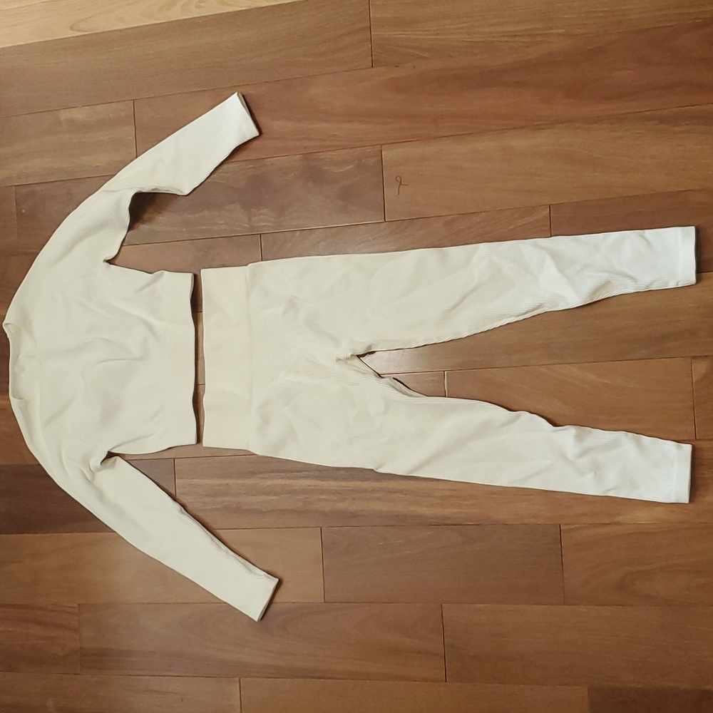 Ribbed Longsleeve Crop Top Leggings Workout Exercise Outfit Set size S.